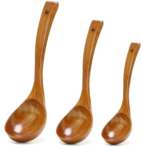 3 Pack Wooden Ladles for Serving Spoon Soup Ladle Wood Spoons for Cooking Ladel Large Spoon Kitchen Tools Ladles Big Spaghetti Spoon Laddle Non Toxic Soup Spoons Teak deep Ladle