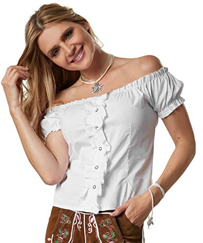 dressforfun 900622 Blusa tradicional alemana para mujer, manga corta, volantes laterales, color blanco, diferentes tallas (L| Nr. 303127)