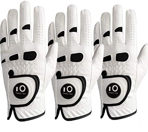 FINGER TEN Guantes de golf para hombre, mano izquierda y derecha con marcador de bola, cuero Cabretta, paquete de 3, guantes de golf resistentes al desgaste (M/L, 3 unidades (usados en la mano