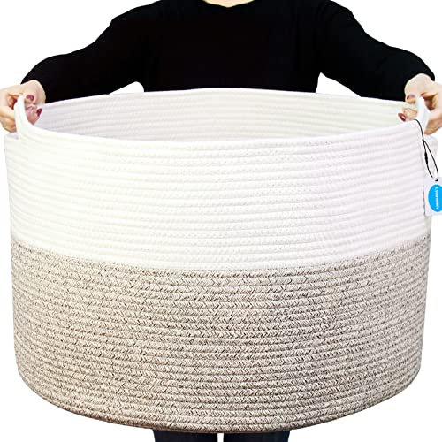 Cesta portaoggetti Casaphoria in corda di cotone, misura XXXL, per soggiorno, con manico, per coperte, asciugamani e cuscini, cesto per la biancheria, bianco e marrone (55,9 cm x 55,9 cm x 35,6 cm)