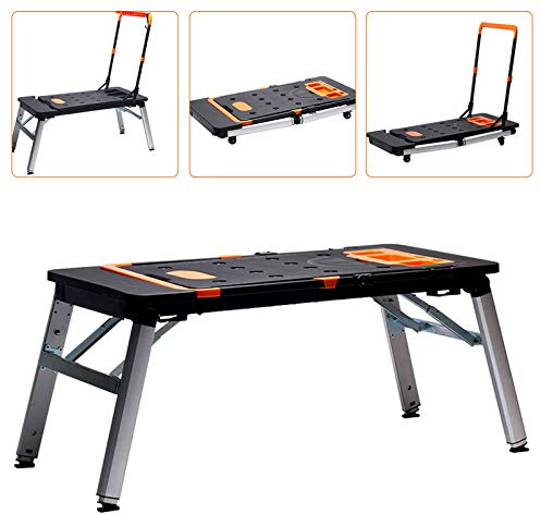Portable Work Platform Multifunctional Folding Workbench Table with Wheels,Adjustable Height Work Table+Sawhorse+Working Platform+Platform+Roller Board+Transport Trolley and Handcart