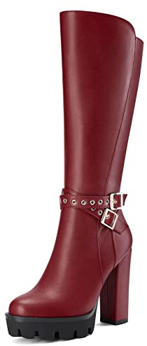 Castamere Femmes Bloc Chunky Haut High Talon Heel Fermé Rond Bout Mi Mollet Fermeture à Glissière Boucle Bureau Classique Bottes Bourgogne Rouge 39 EU