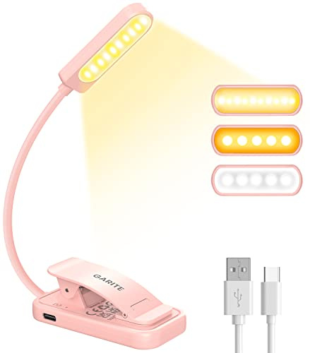 GARITE Book Light, 10 LED Dimmable Reading Light Clip on Book, Long Life Battery, Rechargeable Clip on Reading Light with 3 Brightness Modes (Warm&White&Mixed) for Reading, Bedside, Travel, Tablet