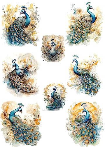 Papel de arroz de pavo real, 29,21 x 40,64 cm, 8 imágenes únicas de pavo real impresas en papel de morera de 36 g/m², fibras visibles para decoupage, muebles, renovación y manualidades.