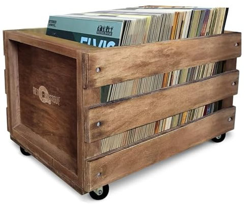 Retro Musique Aufbewahrungskiste für 12-Zoll-LP-Schallplatten aus Holz auf Rädern | Hält bis zu 100 Alben (in PVC-Hüllen) mit Sackleinen-Stoffhülle | Hergestellt aus starkem Naturholz