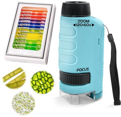 Taschenmikroskop für Kinder,60X-120X Taschenmikroskop mit LED, Tragbares Mikroskop,mit 12 Objektträgern,Mini-Mikroskop für Kinder,für Kinder Studenten Erwachsene Haus Schule Labor