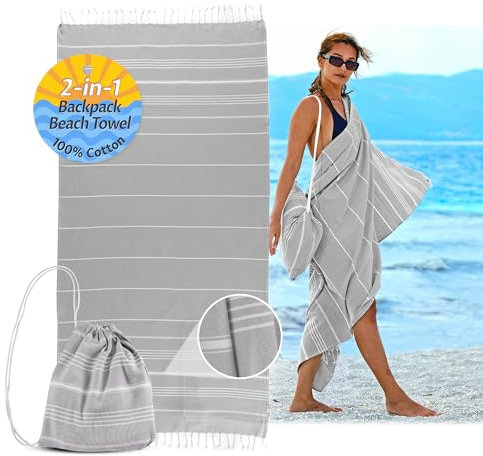 CalmyBEACH 2in1 Hamamtuch Rucksack Strandtuch Badetuch - 100% Baumwolle Hamam Strand Tuch 180x90 Baumwolltuch für Damen und Herren Yogatuch Reisehandtuch (Grau)