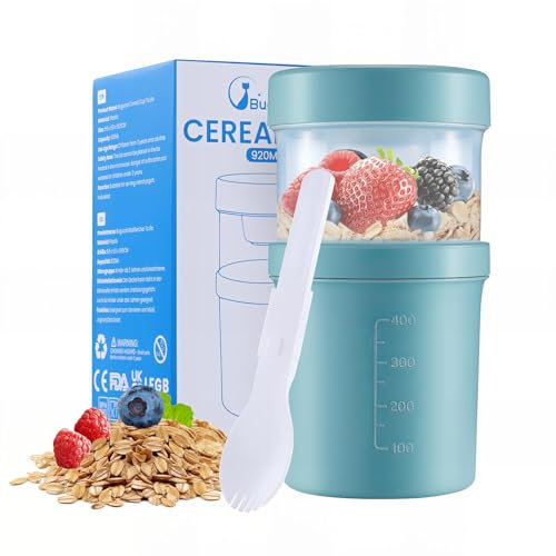 Bugucat Tazza Yogurt to Go, Tazze Cereali 560ML+360ML, Portatile Cucchiaio Tazza Contenitore Yogurt con Cucchiaio, Plastica Tazze Cereali, Yogurt Frutta Contenitore, Tazza di Muesli To Go Senza BPA