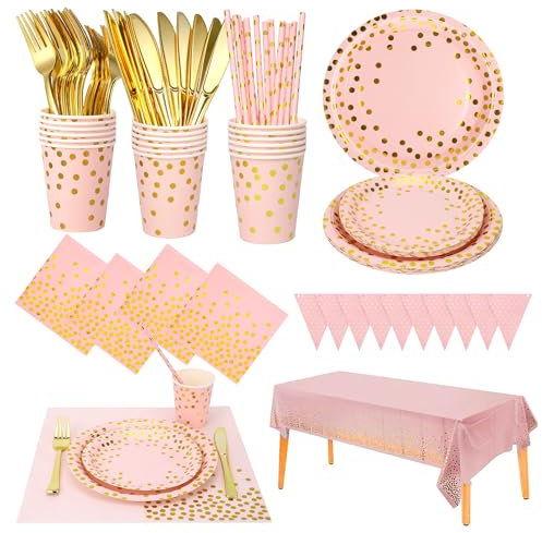 186 Stück Rosa-gold Partygeschirr,Partyzubehör Pappteller Set,Wiederverwendbar ​Papier Geschirr Set einschließlich Tischdecke Teller Becher Servietten zum Geburtstag,Hochzeiten,Jubiläums 25 Gäste