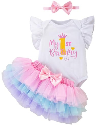 Winmany Baby flicka första födelsedag kläder 3 st båge pannband min 1: a födelsedag sparkdräkt tutu kjol tårta smash outfit set för fotografering