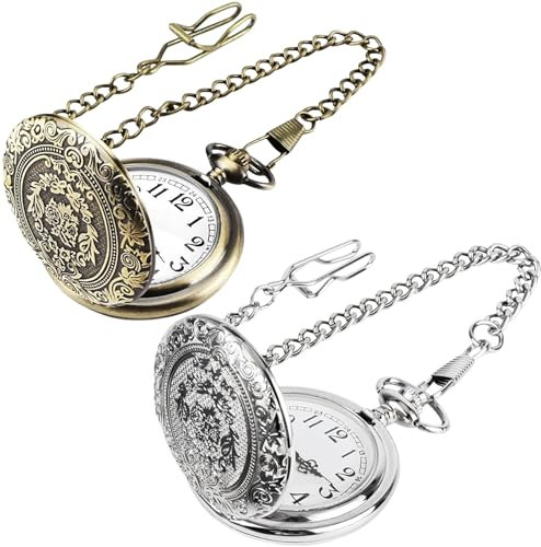 GOMETY Taschenuhr, 2 Stück Vintage Taschenuhr mit Kette, Retro QuarzTaschenuhr Arabisch Ziffern QuarzTaschenuhr für Männer Frauen Vater Opa Geburtstag Jahrestag