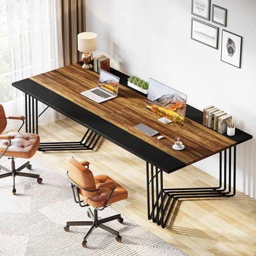 Tribesigns Schreibtisch 200cm Konferenztisch, 2 Personen Computertisch Home Office mit stabilem geometrischem Metallgestell, Besprechungstisch Business Seminartisch für 8-10 Personen, Rustikales Braun