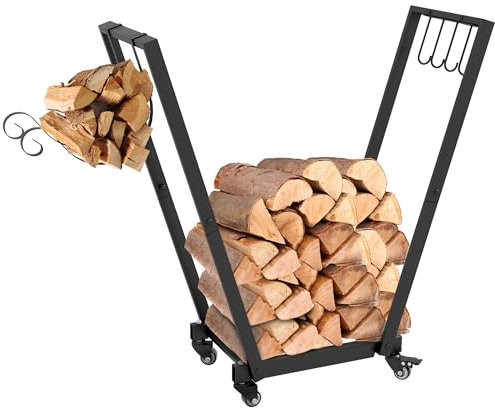 Outsunny Porte-bûches intérieur, range-bûches intérieur, avec crochets latéraux pour ranger, roues, trapézoïdale inversée, charge max. de 50 kg, 79 x 30 x 81 cm, métal, noir
