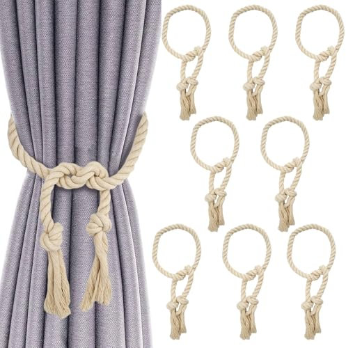 8 Stück Raffhalter Vorhang Seil,100cm Handgemachte Vorhang Raffhalter,Gardinen Kordel,Vorhanggurte Baumwolle,Retro-Stil Gardinenbänder,Curtain Rope Buckle,für Dekoration Wohnzimmer Schlafzimmer,Beige