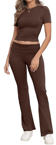 IWOLLENCE Loungewear Sets for Women UK Two Piece Outfit Short Sleeve Crop Top and High Elastic Waist Wide Leg Trousers Co Ord Set (Dark Brown, S)