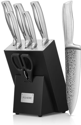 FOHERE Set Coltelli da Cucina Professionale con Tecnologia Avanzata di Affilacoltelli, 7 Pezzi, Coltelli da Cucina in Acciaio Inossidabile, Ceppo Coltello in Legno, Forbici da Cucina