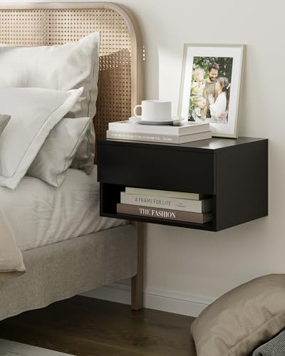 HEYZOEY Floating Bedside Table, Wood Bedside Table Small Modern Floating BedsideTable with Drawer, Floating Shelves for Bedroom, Bathroom, Black