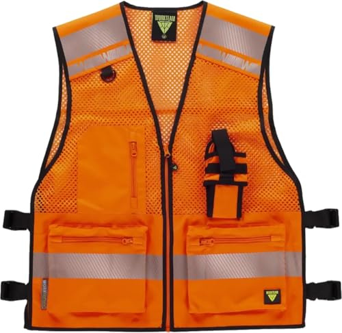 WORKTEAM Chaleco de Alta Visibilidad con Rejilla Transpirable, Cintas Reflectantes Segmentadas, Ajustes Laterales y Multibolsillos Unisex Naranja UNICA
