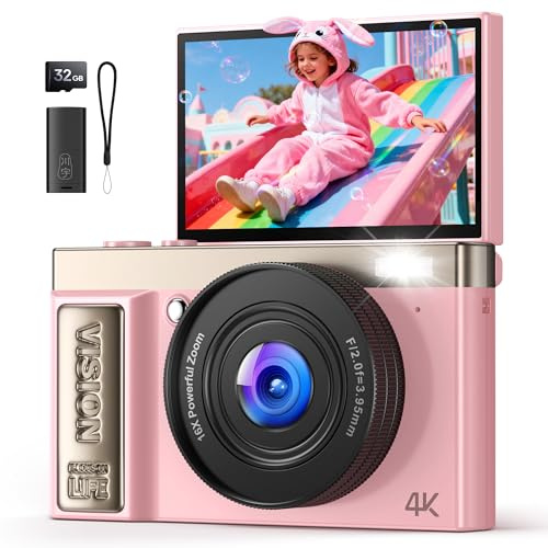 Camara de Fotos Digital 4K Profesional: Chica Cámara Digital con Pantalla Abatible 180° - CAM Compacta con 32G Tarjeta - 16X Zoom Camara para Principiantes Niña Adolescente