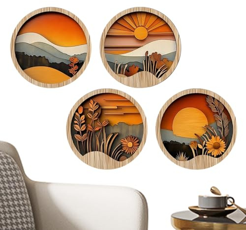 4 delar boho trä väggkonst dekoration Bangladesh, inramad väggkonst för vardagsrum minimalistisk, geometriskt konstverk abstrakta växter öken sol för bondgård sovrum kontor 20 x 20 x 0,5 cm