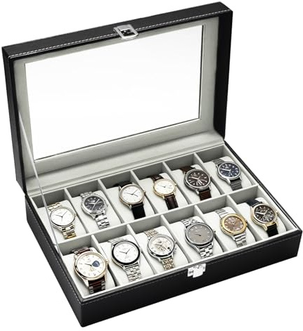 QinyOulhause Porta Orologi 12 Scomparti - Scatola per Orologi in PU con Rivestimento in Velluto e Cuscinetti Rimovibili per Conservazione e Regalo Compleanno Natale