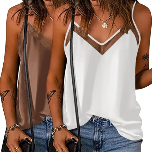Ekouaer 2 Piezas Camisola de Satén de Seda para Mujer Top de Malla Blusa de Satén de Tirantes Cuello en V Elegante Strappy Top, L