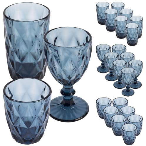 San Ignacio Juego de 8 Vasos (260ml) + 8 Vasos (350ml) + 8 Copas (250ml) de cristal color Azul
