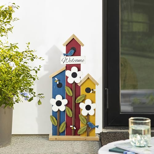 Glitzhome 30H Welcome Sign for Front Porch Standing,Wood Birdhouse Shaped Porch Board, All Seasonal Farmhouse Rustic Modern Porch Sign for Patio Front Door Outside
