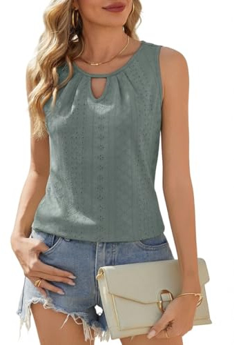 Zeagoo Vest Tops Women UK Keyhole V Neck Ladies Summer Tops Sleeveless Eyelet Embroidery Vests Tank Tops