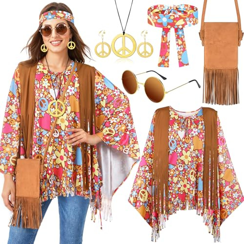 MOVINPE 70s Hippie Costume for Women Accessories Set, Tie Dye Flower Tassel Poncho Fringe Bags Headbands Sunglasses Peace Sign Necklace Earrings 60s Costume Halloween Retro Outfit