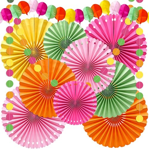 Syoulin Decoración de Fiesta Verano Hawaiana, Set de 11 Abanicos de Papel y Guirnaldas, para Cumpleaños, Bodas, Jardín y Exteriores