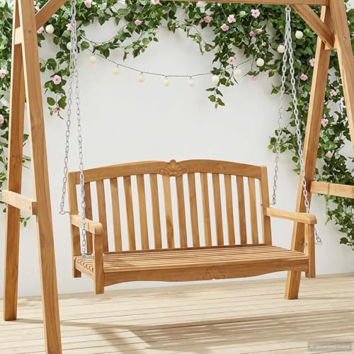 GeenYuu Gungbänk, natur, massivt trä, teak, 114 x 60 x 60,5 cm, stabil trädgårdsbänk med ryggstöd och galvaniserad kedja för terrass, balkong och utomhus, avkoppling i trädgården