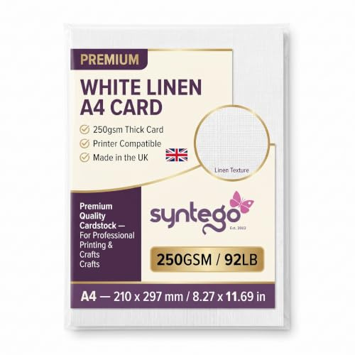 Syntego A4 Linen Card 250gsm – Recycled Silkweave Textured Card for Printing, Invitations, Menus & Crafts (10, White)