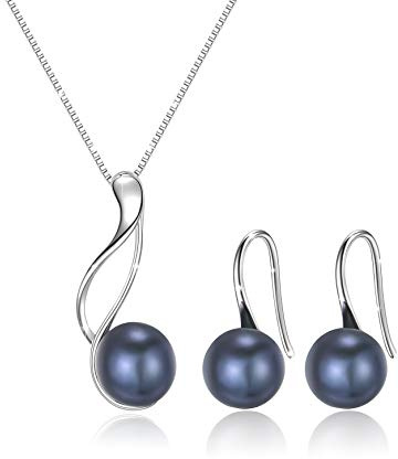 Set de Pendientes y Collar de Negro Perlas de Agua Dulce y Plata de Ley 925 para Mujeres