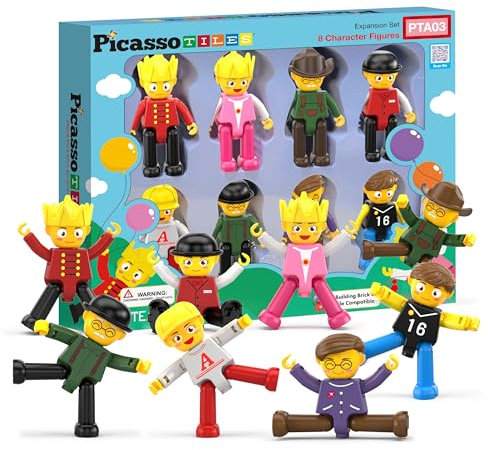 PicassoTiles Magnetic Figures 8 Piece Character Action Figure Toddler Toy Set Magnet Expansion Variety Pack Play People Add-ons STEM Learning Kit Pretend Playset for Construction Building Block PTA03