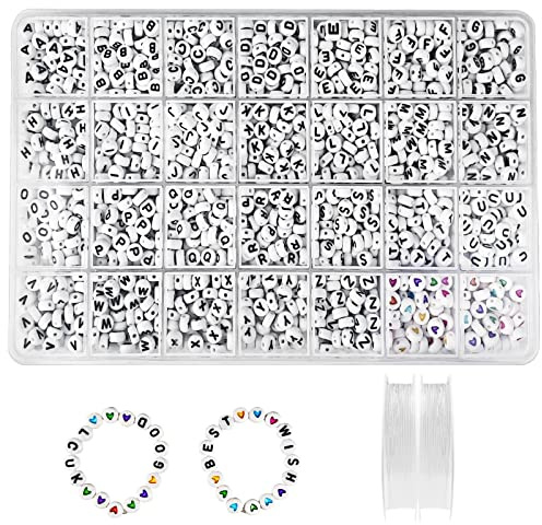 Newpop 1400Pcs armbandspärlor 7 X 4 mm, A-Z vitt alfabet och färgade hjärtpärlor med 2 elastiska trådar, för smycken, armband, halsband, barn DIY-hantverk