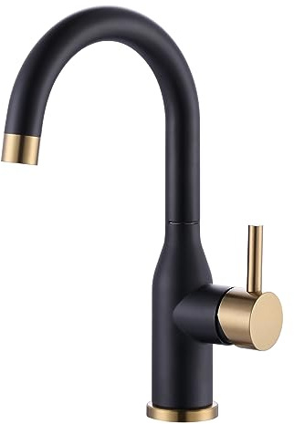 WOWOW Black and Gold Modern Single Handle Bar Faucet, 1 Hole, 360 Swivel, RV Sink Faucet, Mini Bar Tap with Water Supply Hoses