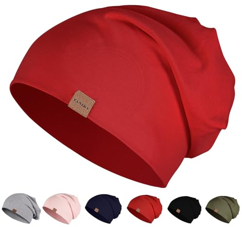 YANIKY mössa män kvinnor, slouch beanie mössa bomull, tunn lätt mössa, mjuk kemomössa, vindtät jersey lång beanie för alla årstider, röd, one size