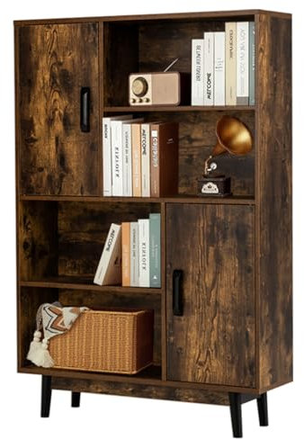 SFAREST Wooden Storage Bookcase, Free Standing Tall Cupboard with Doors & Open Shelves, Home Office Display Cabinet Bookshelf for Living Room Dinning Bedroom Hallway(Rustic Brown,80 x 24 x 120cm)