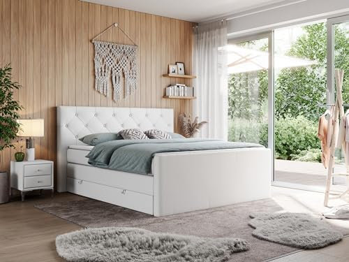 MKS MEBLE King Boxspringbett 180x200, Polsterbett 180x200 mit Bettkasten, Bett 180x200 mit Multipocket-Matratze H4, Boxspringbett 180x200 mit Kopfteil und Topper - H4 Weiß Kunstleder - Velen