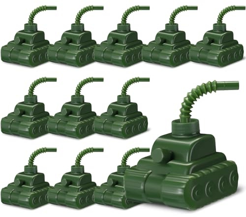 Tanlade 12 Sets Army Military Camo Tank Cups with Lids and Straws, Party Favor Gift Supplies Plastic Vehicles Tank Shape Cup Military Party Supplies for Boys Girls Army Birthday