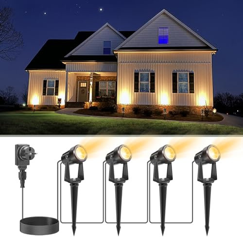 VOLISUN Gartenstrahler Led Außen Wasserdicht, Gartenbeleuchtung Mit Strom, Gartenleuchten Warmweiß IP65 Wasserdicht, 4 Stück für Haus, Baum, Hinterhof