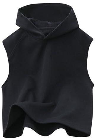 Sweat à Capuche Enfant 3-14 Ans Coton Ample Tee Shirt Ado Fille sans Manches été Elegant Chic Confortable Fluide Fashion Casual Sport Vacances Débardeur Chemise (Black, 11-12 Years)