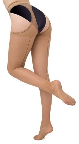 Couture Suspender Tights for Women - Crotchless Mock Suspender Sexy Open Crotch Seamed Tights Stockings - X-Large - Natural/Black seam