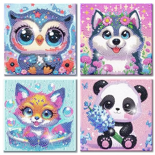 Yiminu.DS 4 Kit Diamond Painting Niños 6 7 8 9 10 11 12 Años, Pintura Diamante 5D Para Niños Niñas, Pintar con Diamantes de Pequeño Formato, Animales Manualidades Búho Perro Zorro Panda, 15cm*15cm