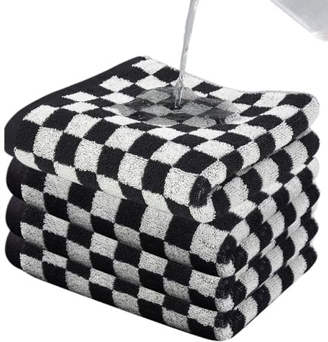 Jorzer Karierte Handtücher 4 Stück 37,8X 73,7 cm saugfähige schwarz-weiß Karierte Handtücher weiche und Bequeme Karierte Badetücher aus Baumwolle für Zuhause Hotel Wohnheim Karierte Handtücher