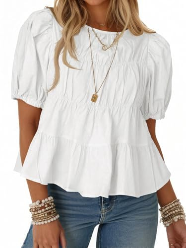 Tankaneo Womens Puff Sleeve Peplum Babydoll Tops Summer Smoked Pleated Cotton T-Shirts Casual Loose Fit Flowy Blouse White