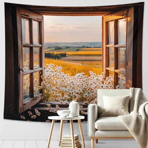 Wandteppich mit Blumenfenster, rustikale Bauernhaus-Wandkunst, Frühlingsblumen-Dekor für Wohnzimmer, Schlafzimmer, gemütlicher ästhetischer Wandbehang, 203 x 152 cm