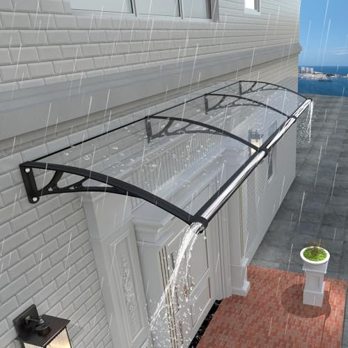 Auvent de Porte d'entrée avec Système de Drainage - 150x100cm Toit Marquise en Polycarbonate Abri de Pluie en Polycarbonate Anti-UV,Contre Neige et Vent,Support ABS