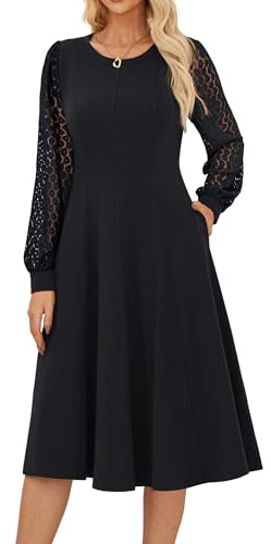 GRACE KARIN Robe Femme Manches Longues Col Rond Coupe A-Line Mi-Mollet, Tissu Contraste et Poignets en Dentelle, pour Tenue de Bureau ou Soirée Noir XL